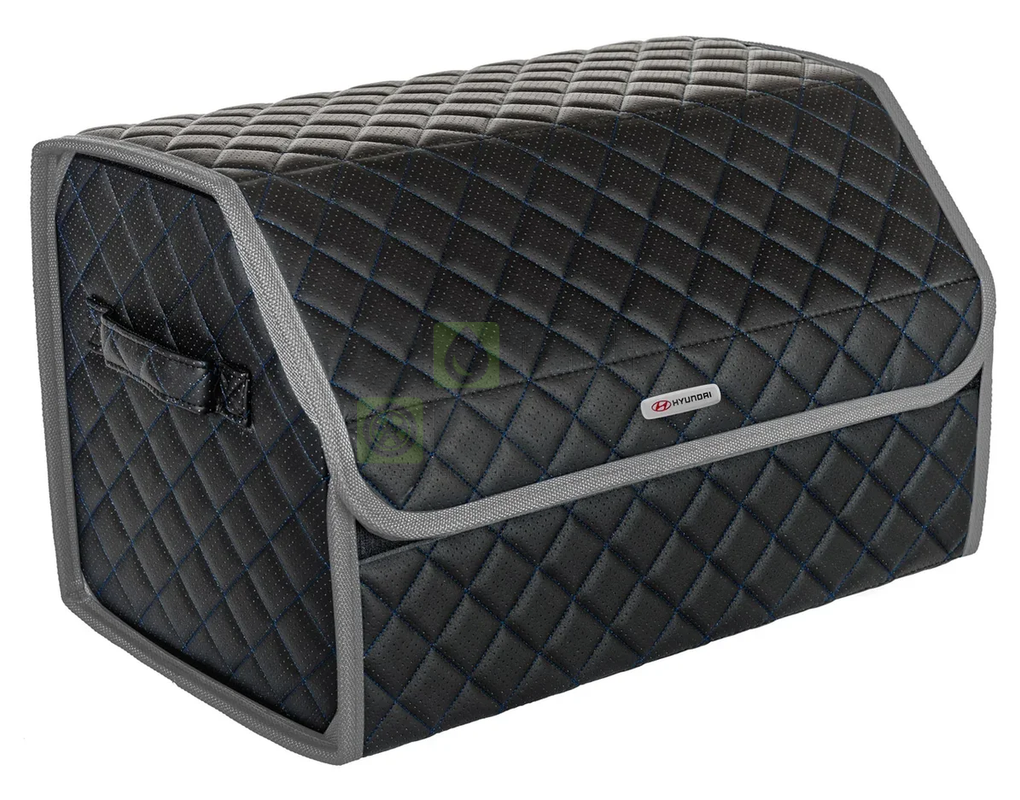 Органайзер в багажник черная с синей нитью ViceCar с лого HYUNDAI (светло-серый кант)