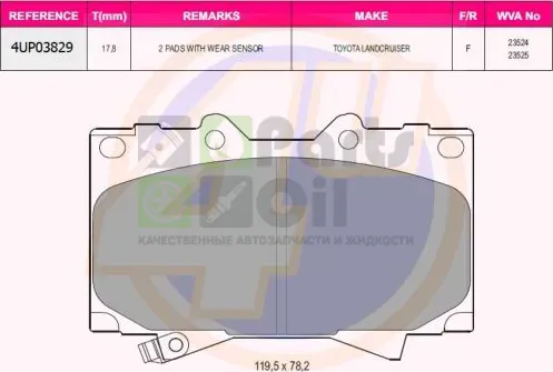 Тормозные колодки 4U передние для Toyota FJ Cruiser 2005-2018. Артикул 4UP03829
